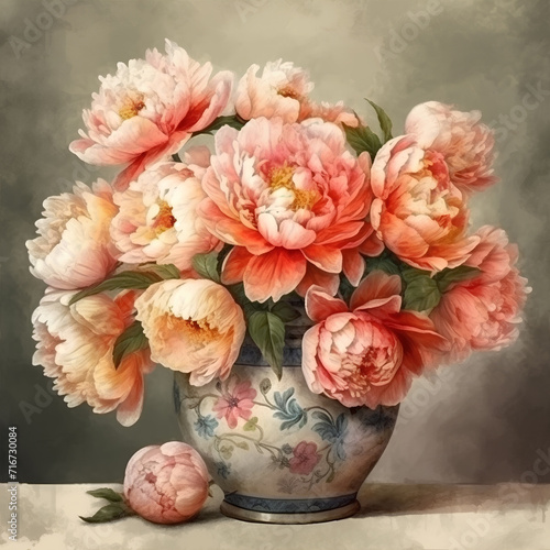 Bouquet of pink peonies in a ceramic vase, still life, watercolor painting © tynza