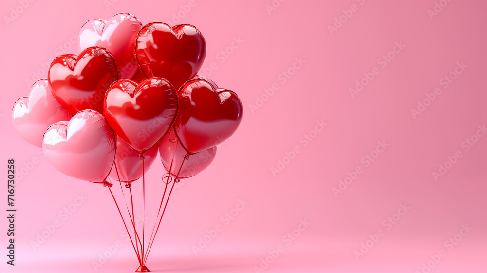 Valentine‘s day background with red and pink hearts like balloons on pink background flat lay top view love and romance concept illustration for lady romance in love balloon party. Wedding card.