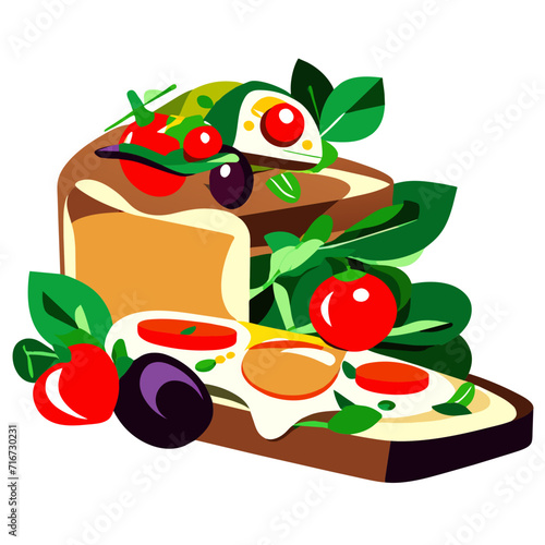 Vector illustration of a sandwich with olive oil, tomato and olives. generative AI