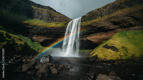 Waterfall with rainbow at mountains  view from below