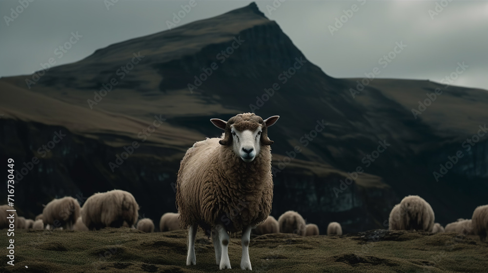 Fluffy brown sheep with horns in the mountains