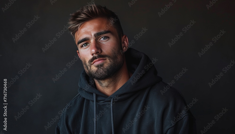 Obraz premium Bearded man wearing a black hoodie, whole body pose, mock-up, masculine dark interior, daylight., attractive face, smile expression. Mock-up of black hoodie wiith copy space for your text or logo.