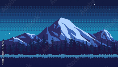 Pixel art mountain background at night. Grassy ground against the backdrop of a pine forest, snow-capped peaks and sky with stars. Horizontal seamless nature vector illustration.