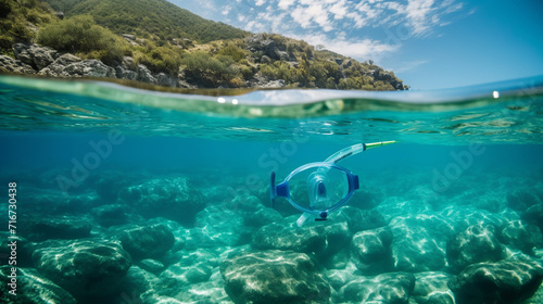 snorkel and mask floating in clear blue ocean water