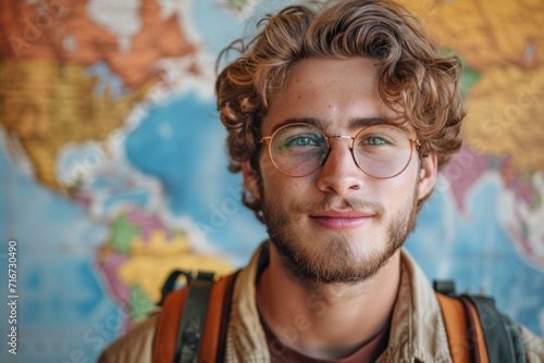 Portrait of a young man with a backpack on the background of a map.