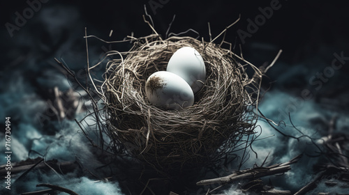 Two big eggs inside the small nest at dark forest photo