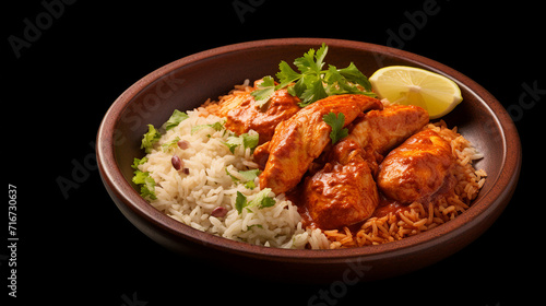Authentic Chicken Tikka Masala: Spicy Curry Delight in a Traditional Clay Plate, Perfect for Menus. Top-Down View with Copy-Space on Isolated Background for Promotional Content.