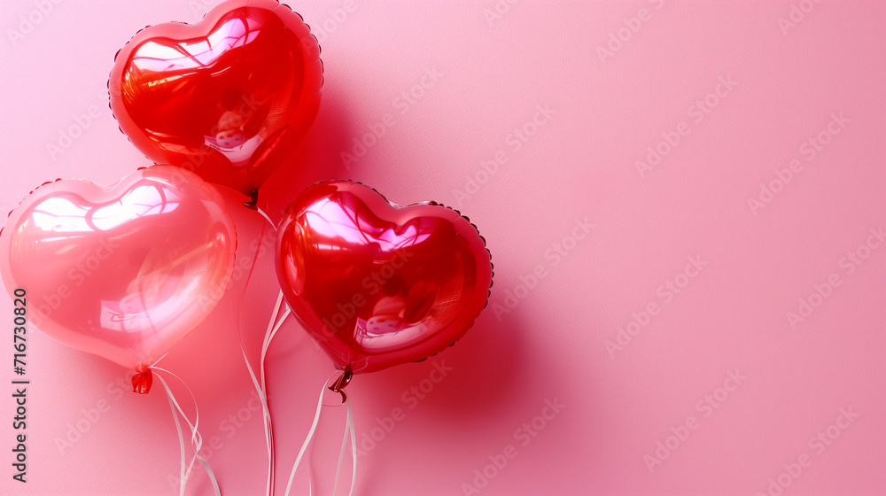 Valentine‘s day background with red and pink hearts like balloons on pink background flat lay top view love and romance concept illustration for lady romance in love balloon party. Wedding card. Valentine‘s day background with red and pink hearts like balloons on pink background flat lay top view love and romance concept illustration for lady romance in love balloon party. Wedding card.
