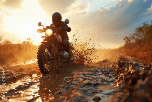 Motorcycle rider rides on a muddy road at sunset. Extreme sport. Motocross. Enduro. Extreme sport concept. © John Martin