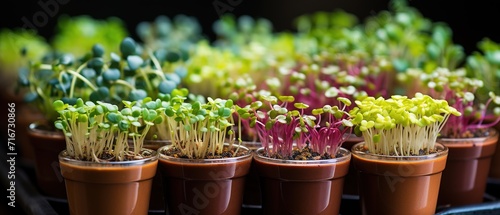 Closeup photo of micro greens in containers. Sprout vegetables growing in containers.