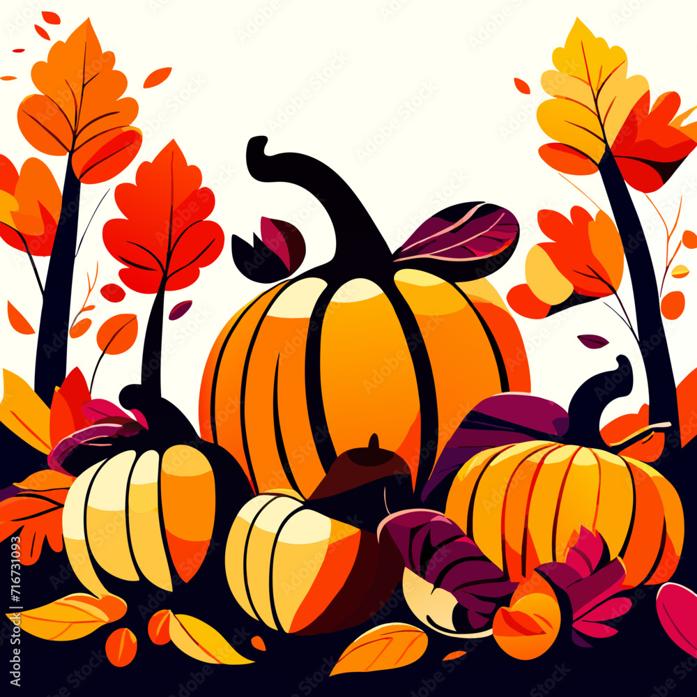 Naklejka premium Autumn background with pumpkins and colorful leaves. Vector illustration. AI Generated