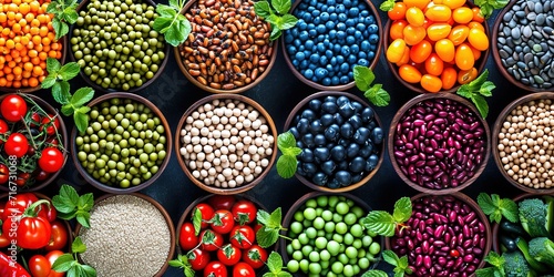 A variety of cereals and legumes, a balanced diet, background.
