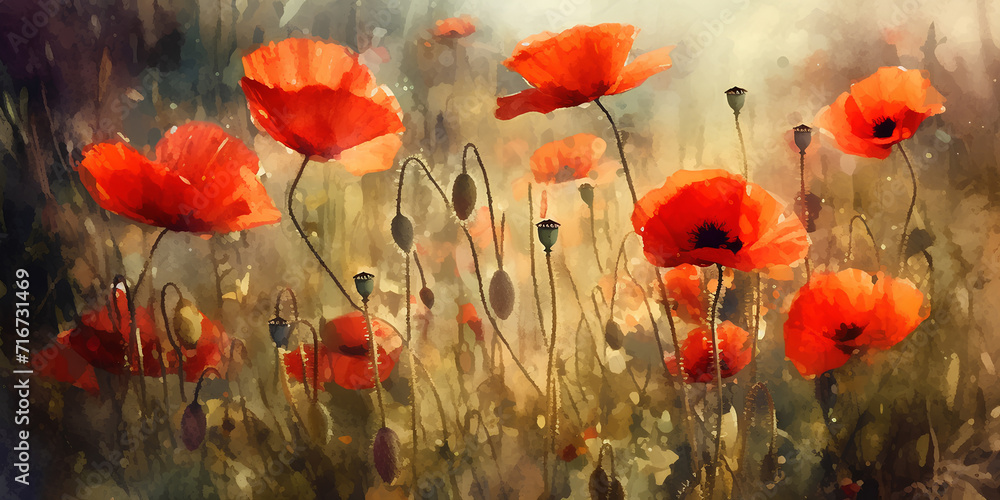 Red poppy flowers closeup on the summer meadow, watercolor painting.