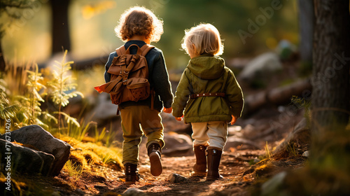kids walking in the woods photo