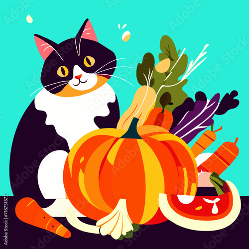 Cute cat sitting next to pumpkins and vegetables. Vector illustration. Generative AI