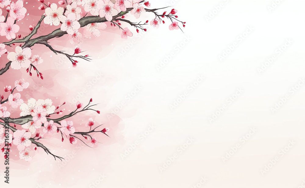 Flat illustration with pink sakura flowers on a light background. Beautiful spring nature background with a branch of blossoming sakura. Copy space for text