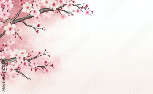 Flat illustration with pink sakura flowers on a light background. Beautiful spring nature background with a branch of blossoming sakura. Copy space for text
