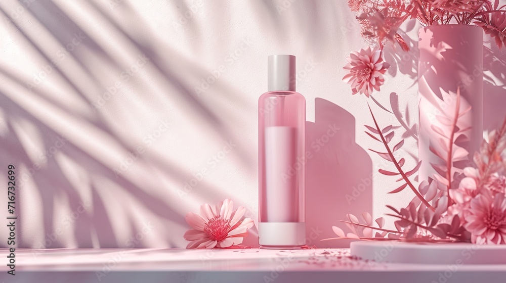 Elevate your beauty routine with our pastel pink product. Aesthetic bottle layout for a healthy and caring cosmetic background. Elevate your beauty routine with our pastel pink product. Aesthetic bottle layout for a healthy and caring cosmetic background.