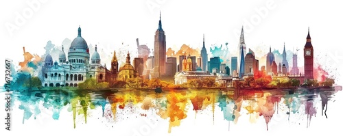 New York City skyline with watercolor splashes. Hand drawn illustration.
