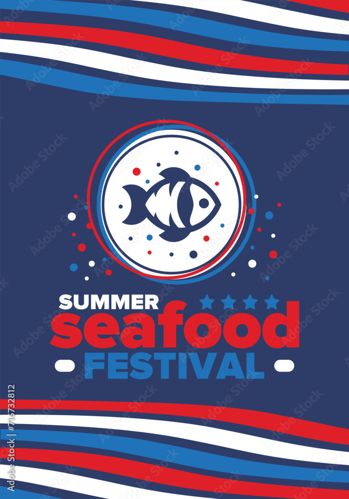 Naklejka premium Seafood Summer Festival. Fish and Chips party. Family holiday event, happy celebration. Ocean and sea food. Healthy eating, outdoor barbecue. Vacation with delicious snack. Vector illustration