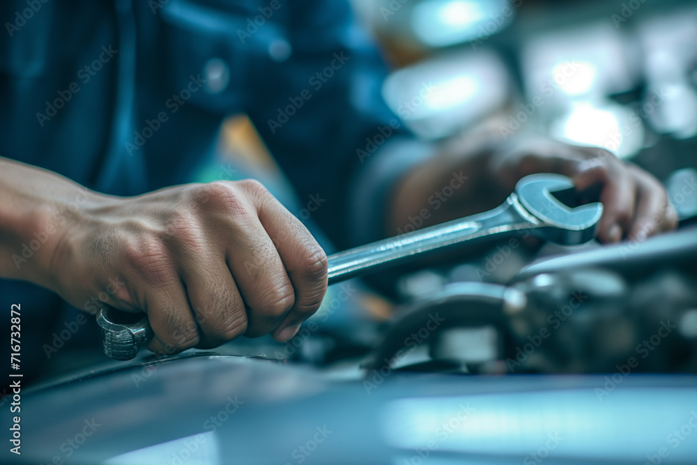 Close-up of car mechanic holding tools working on car engine in the mechanic garage. Repair service. Details, wrenches, maintenance, transportation. Close-up of car mechanic holding tools working on car engine in the mechanic garage. Repair service. Details, wrenches, maintenance, transportation.