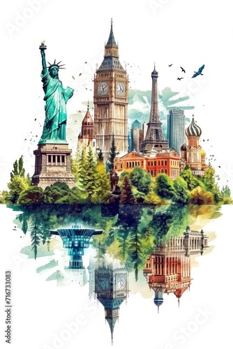 Watercolor illustration of the famous symbols of the world: Big Ben, Statue of Liberty,  travel texture