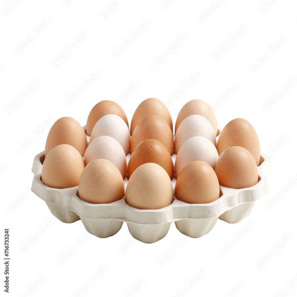 A box holds a carton of fresh, organic eggs, showcasing a group of brown and white shells, a wholesome ingredient for a healthy breakfast or meal, straight from the farm