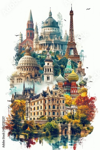 Famous monuments of the world on watercolor illustration painting background, travel texture