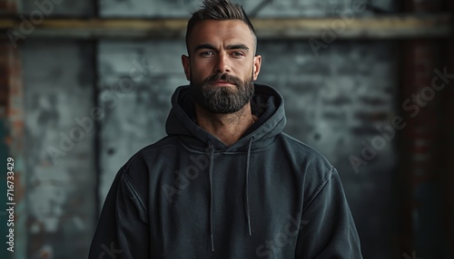 Bearded man wearing a black hoodie, whole body pose, mock-up, masculine dark interior, daylight., attractive face, smile expression. Mock-up of black hoodie wiith copy space for your text or logo. photo