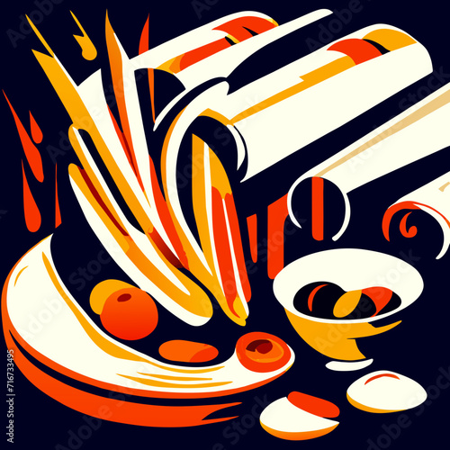 Illustration of food in the style of a sketch on a dark background AI generated