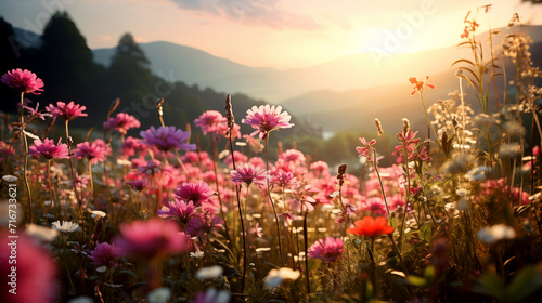 Enchanting Field of Wildflowers on a Sunset