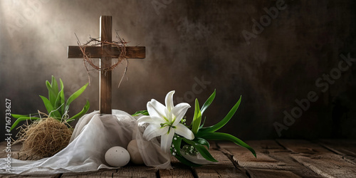 Resurrection Concept with Cross and White Lily photo