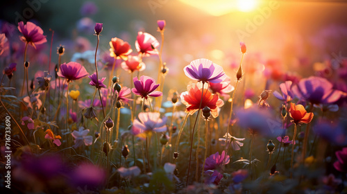 Enchanting Field of Wildflowers on a Sunset