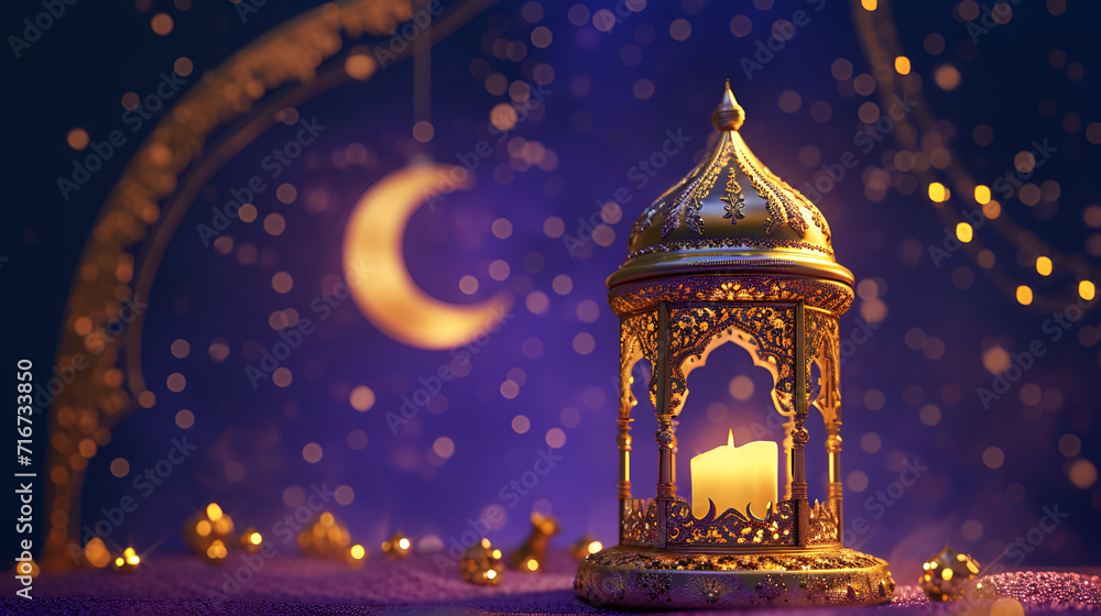 3d modern Islamic holiday banner for Ramadan. A lit up lantern and crescent moon decor on purple and golden dusk background. - obrazy, fototapety, plakaty 