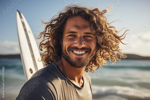Man with a Windsurfing Board on a Beach Background © imagemir