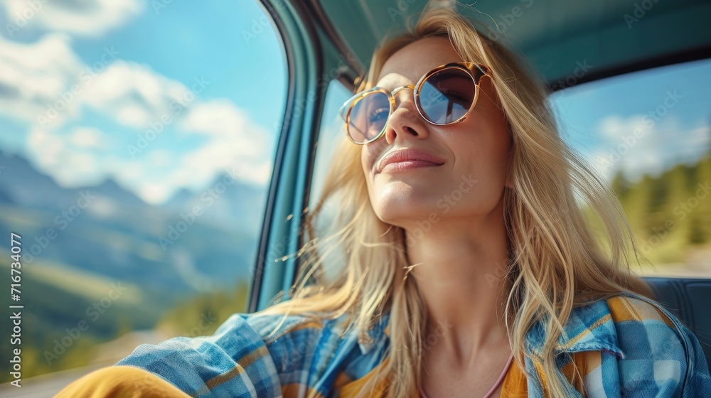Portrait of a beautiful young woman in sunglasses looking out the window of a car