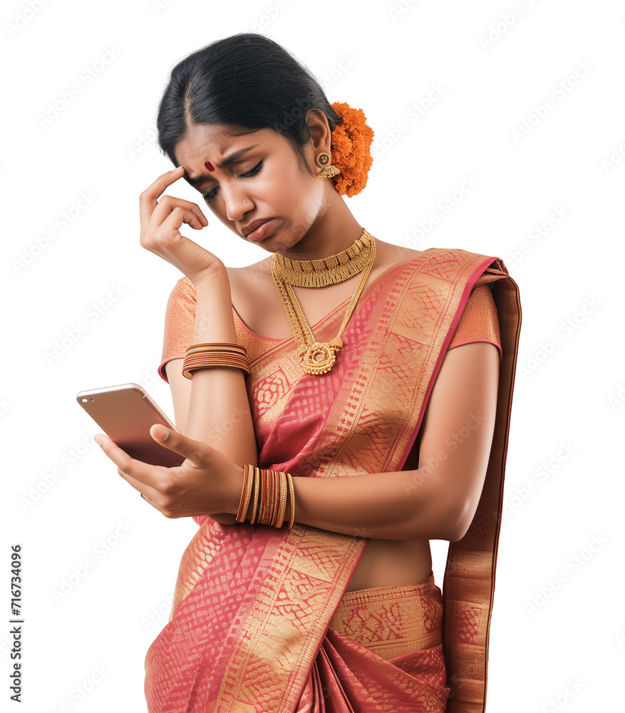 depressed indian girl looking at her phone while wearing a traditional saree clothing