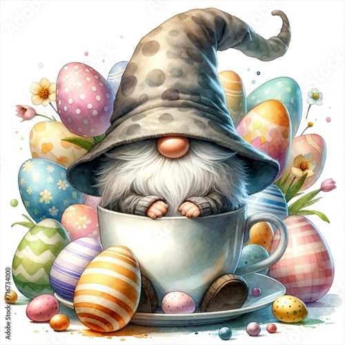 An illustration of a gnome with its hat covering its face in a teacup surrounded by easter eggs, rendered in watercolor style. photo