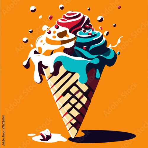 Ice cream in a waffle cone. Vector illustration on an orange background. AI generated