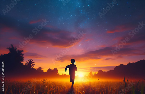 Silhouette of freedom child running in a meadow with a starry night sky