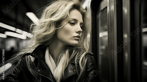 Dreamy young woman in leather jacket on subway, sepia-toned portrait