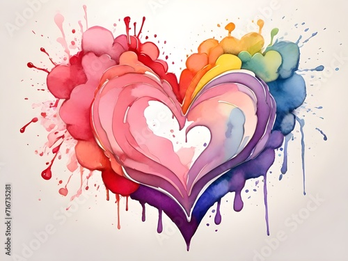 Valentine's Day Colorful Rainbow Splash Heart Shaped Love Watercolor Ink Illustration Background. Generative AI