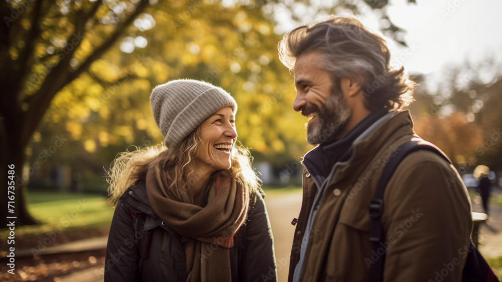 Happy couple sharing a laugh on a sunny autumn day in the park Happy couple sharing a laugh on a sunny autumn day in the park