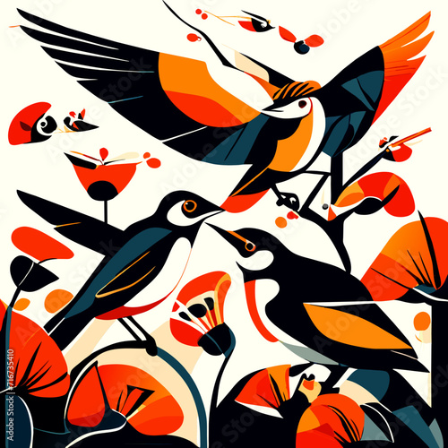 Vector illustration of birds in the style of a folk art painting. Generative AI
