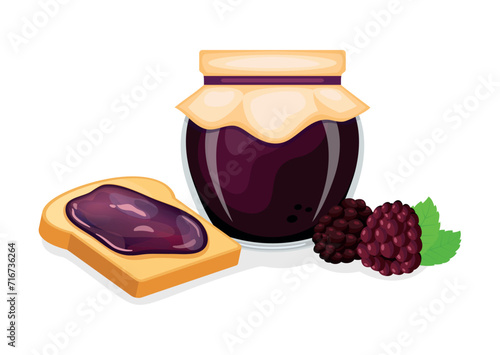 Toasted bread with blackberry jam vector illustration. Toast and blackberry jam breakfast still life vector. Jam jar with blackberries and slice of bread icon isolated on a white background