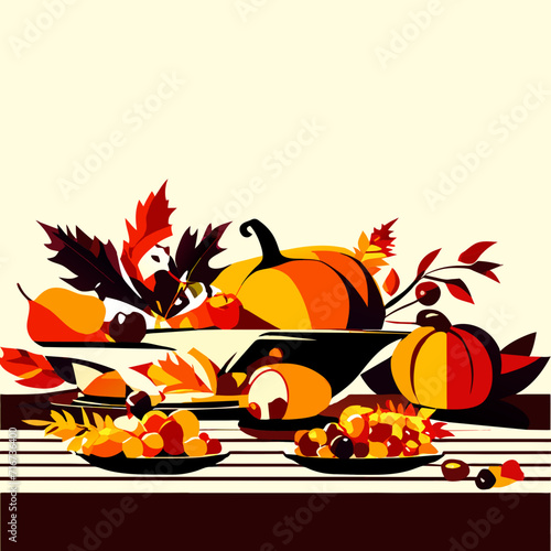 Thanksgiving day background with pumpkins and autumn leaves. Vector illustration. Generative AI