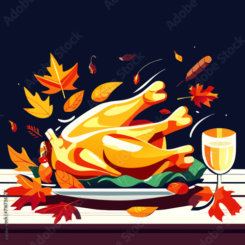 Thanksgiving day, roasted turkey on the table, vector illustration. Generative AI