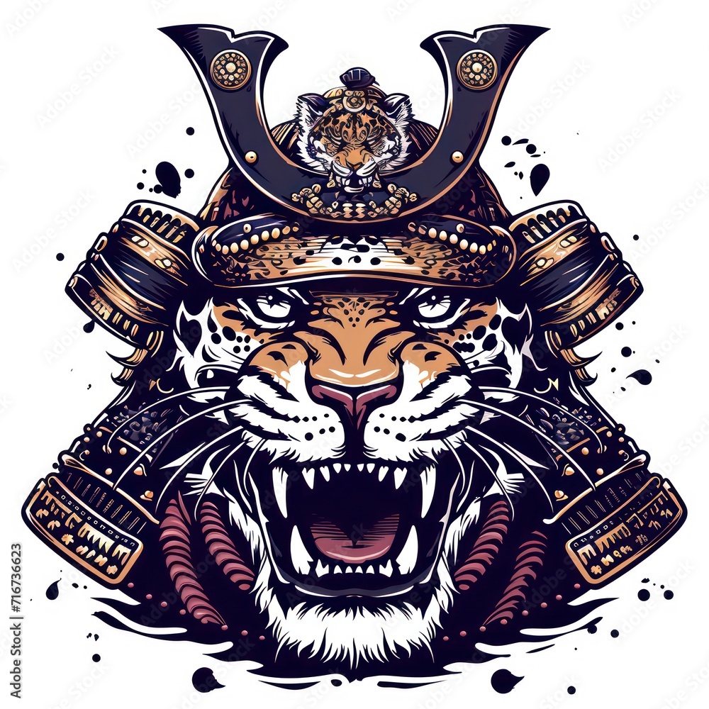 Fototapeta premium Jaguar using a samurai helmet isolated in a white background