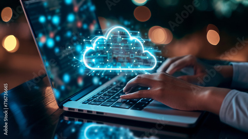 Hands typing on a laptop with secure cloud connection on the screen, Cloud Security, dynamic and dramatic compositions, with copy space