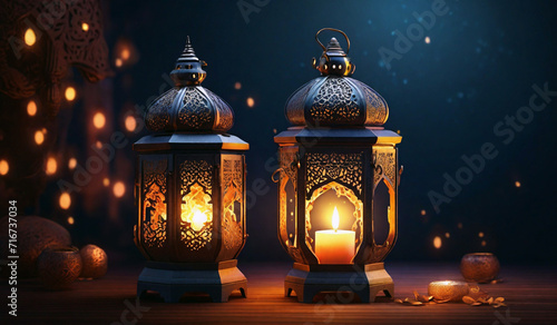 Ornamental Arabic lantern with burning candle glowing at night. Festive greeting card, invitation for Muslim holy month Ramadan Kareem. digital ai art